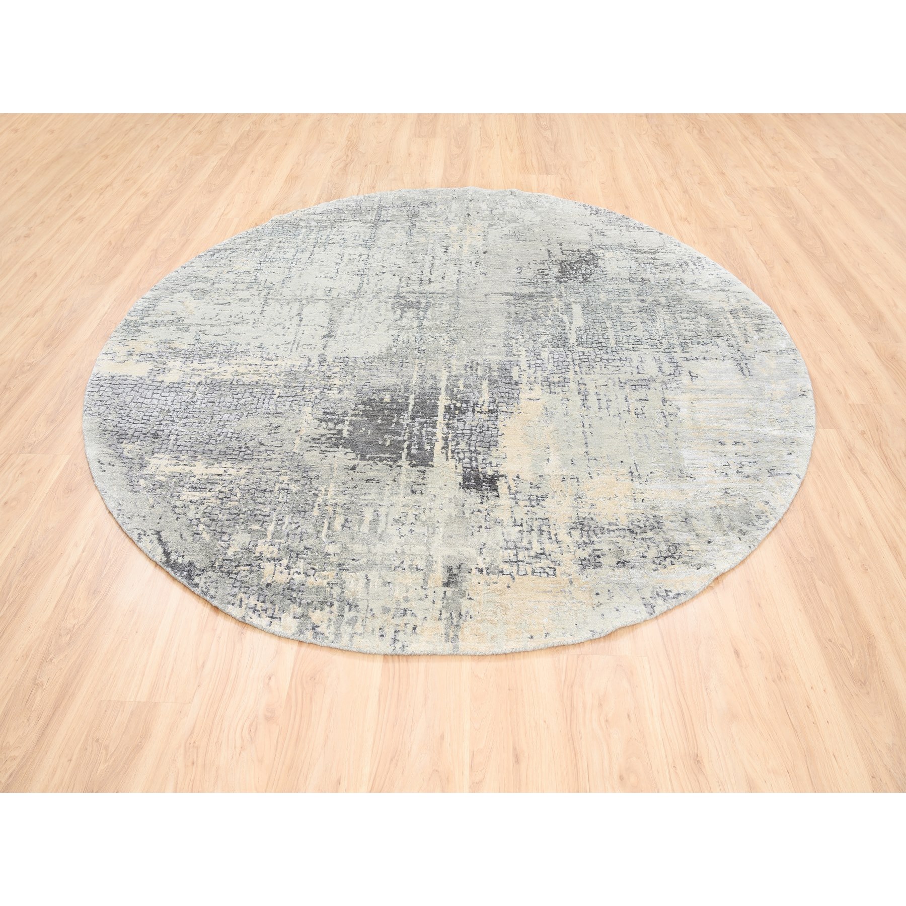 8'x8' Round Abstract with Mosaic Design Taupe Wool and Silk Hand ...