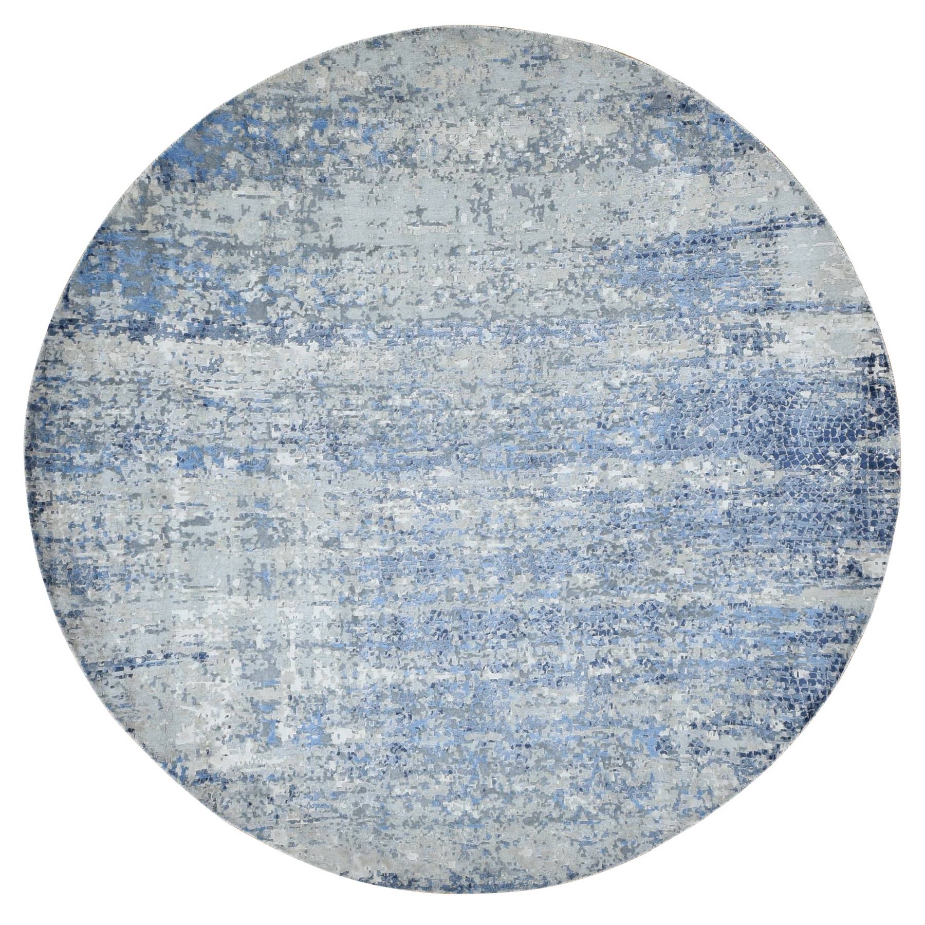 8'x8' Beau Blue, Abstract Design, Wool and Pure Silk, Hand Woven, Round  Oriental Rug